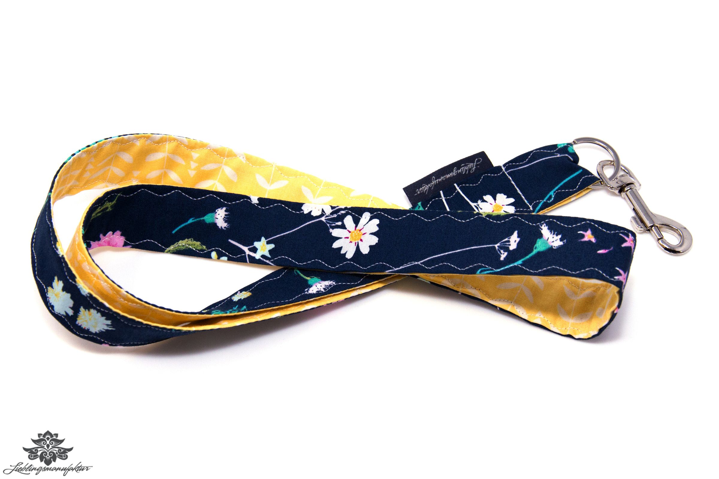 Schlüsselband Karabiner Blumen dunkelblau gelb