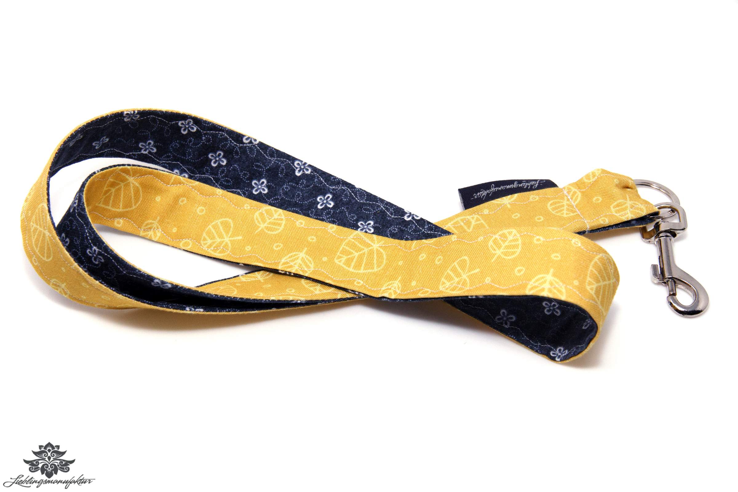 Schlüsselband Karabiner Blumen dunkelgrau gelb