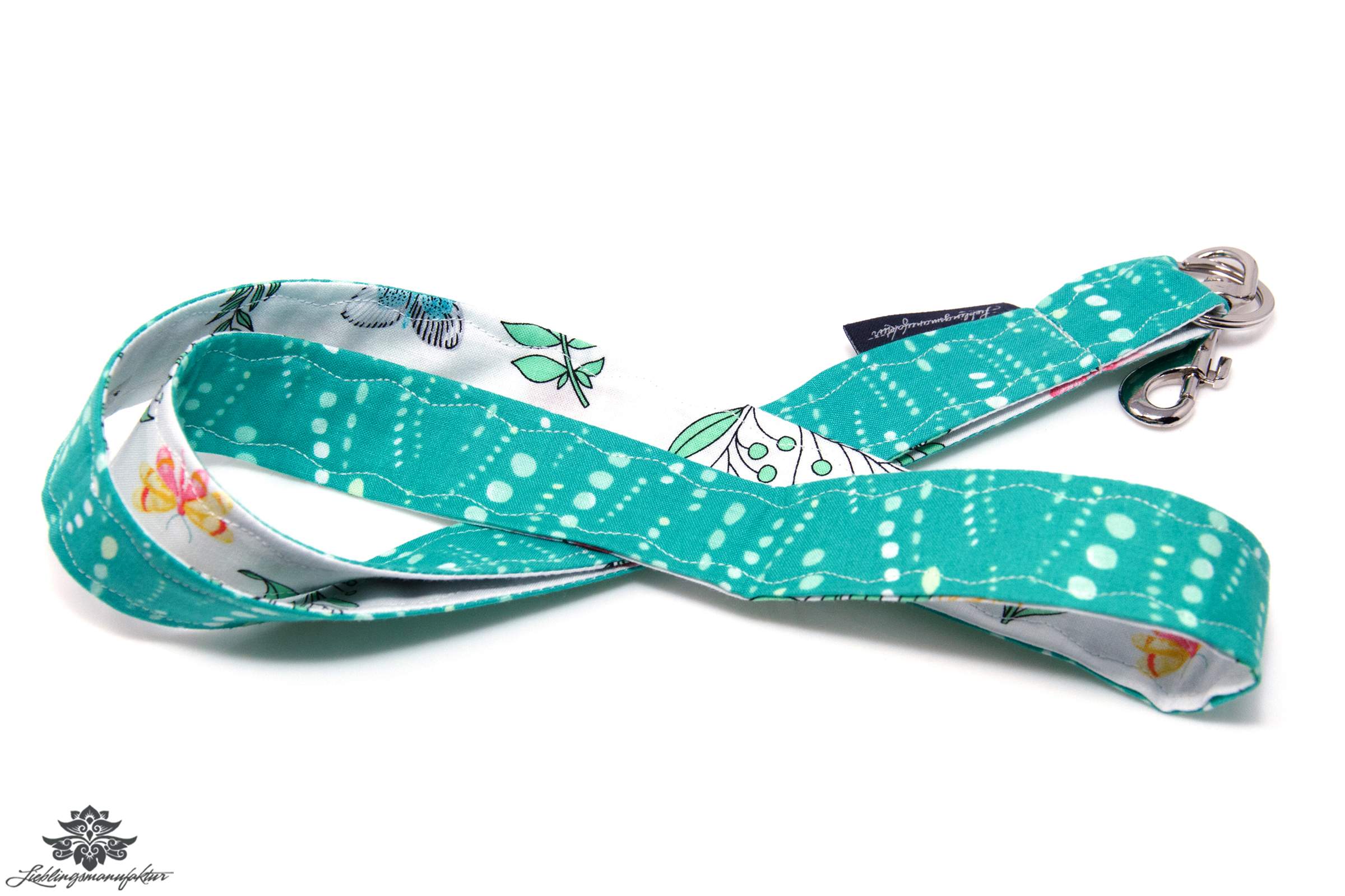 Schlüsselband Karabiner türkis weiss Blättermuster