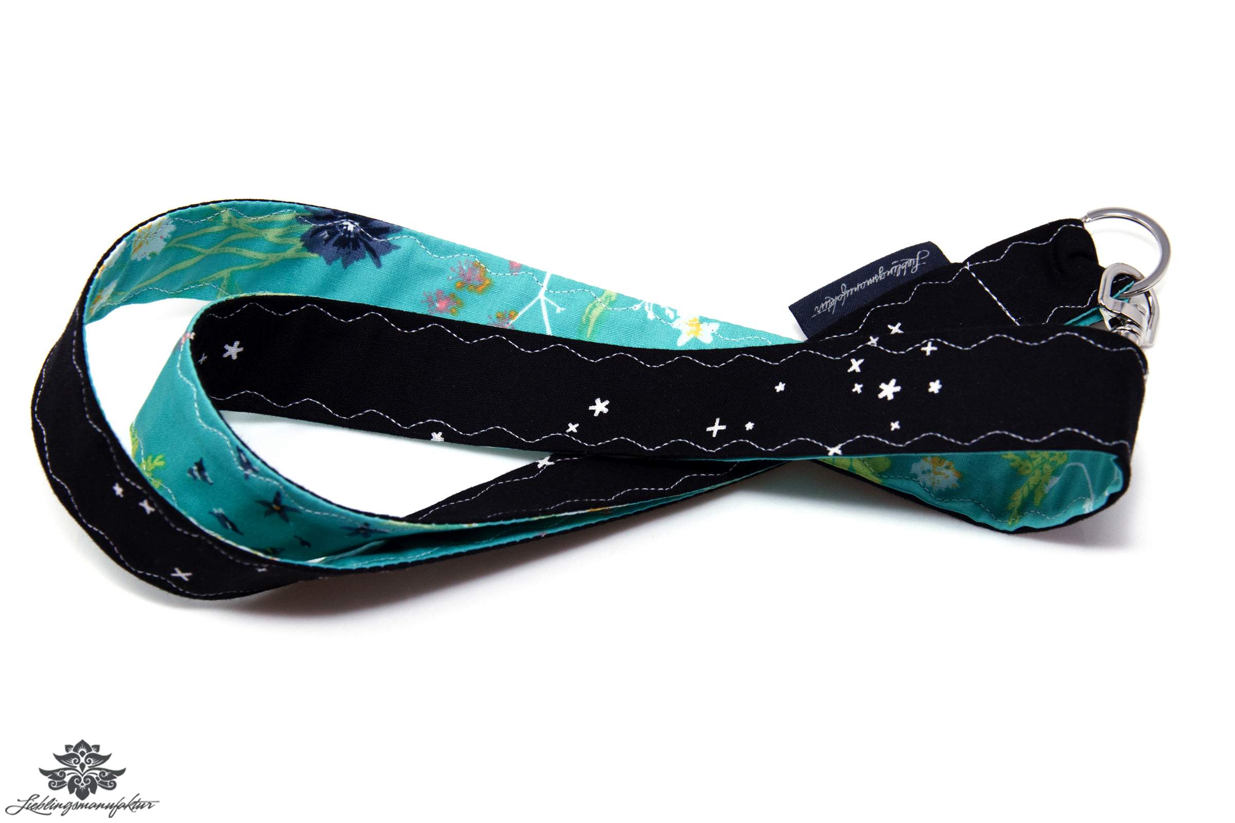 Schlüsselband Lanyard türkis schwarz Blumen