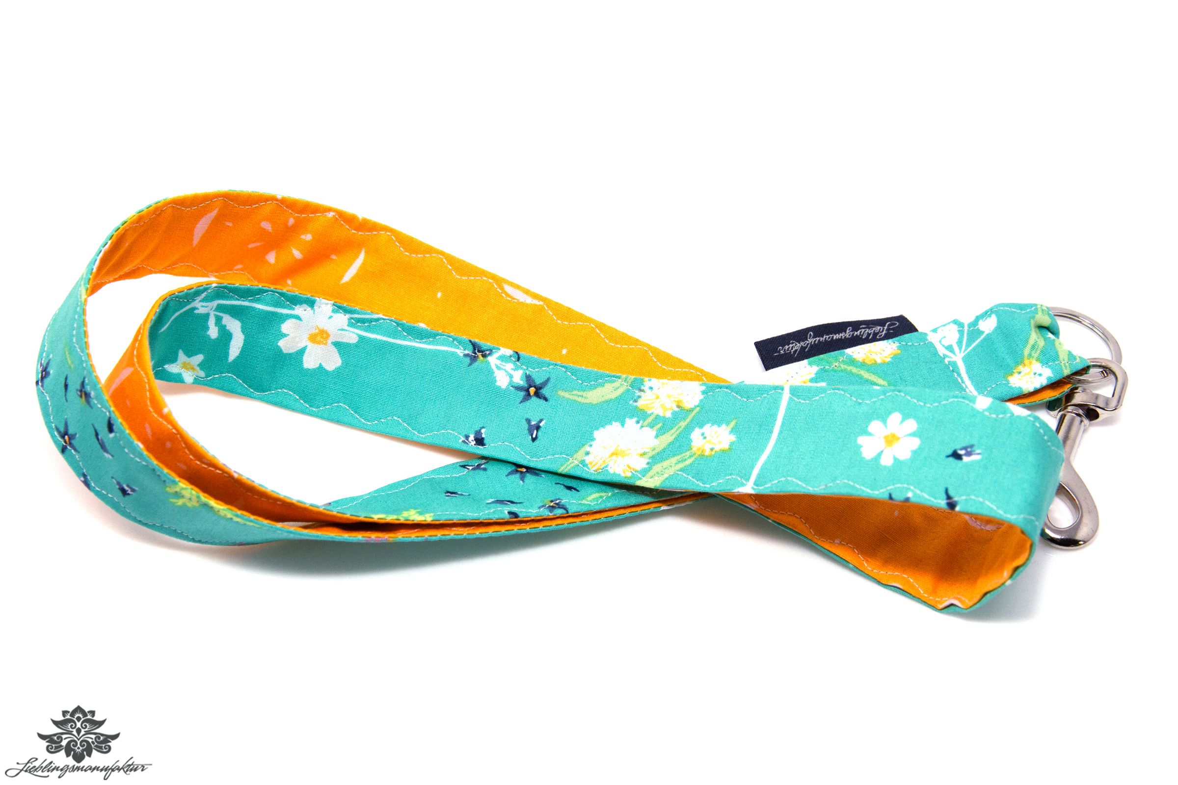Schlüsselband türkis orange Blumenmuster