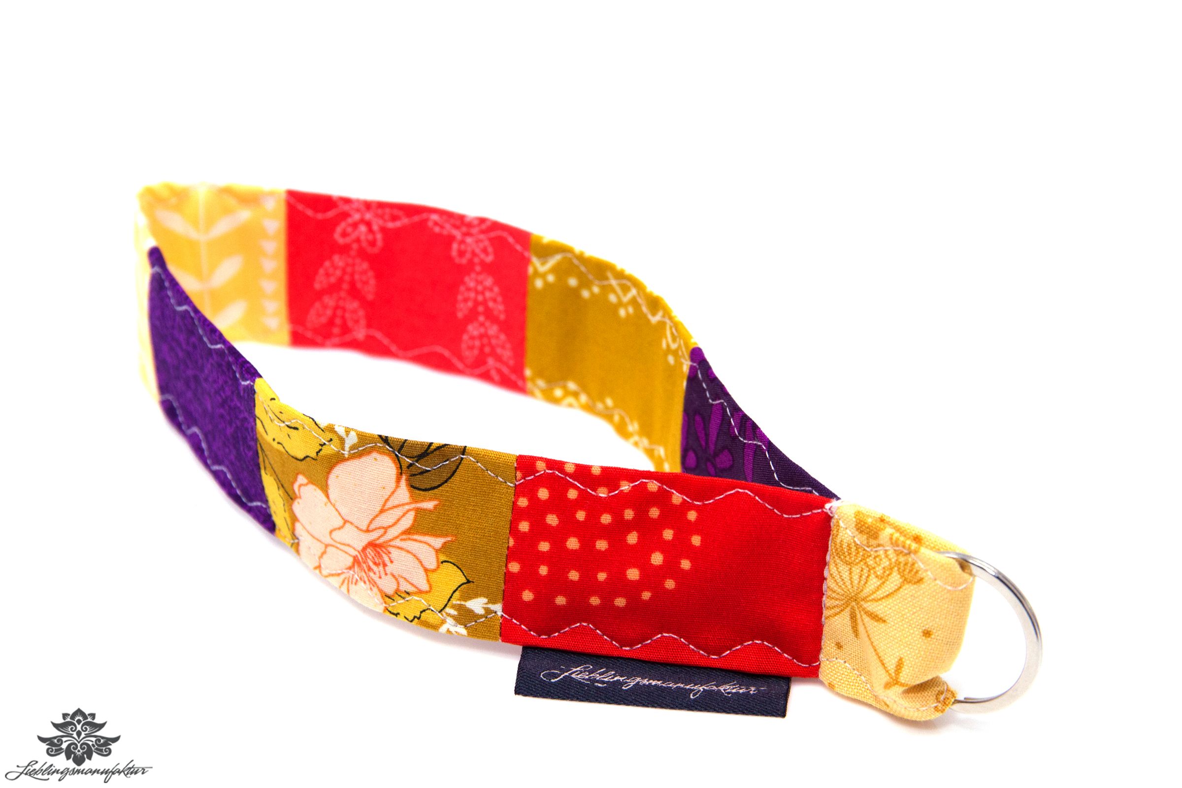 Schlüsselband gelb orange lila kurz Blumenmuster